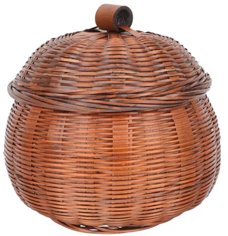 DOITOOL Round Baskets with Lids Rattan Storage Basket Wicker Woven Pumpkin Shape Baskets Decorative Storage Bin Desktop Makeup Organizer for Food Bread Fruit Egg Chocolate L
