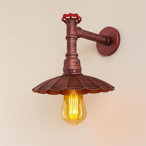Vintage Steampunk Umbrella Shade Wall Light Rustic Red E27 Wall Sconce | Rustic red finish | Umbrella metal shade | E27 fitting | Steampunk style | Ideal for bedroom, bar, café & farmhouse