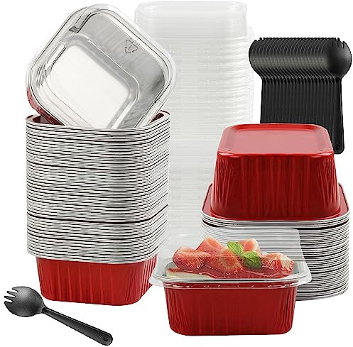 Individual Mini Cake Pans with Lids, BAKINGPAK 50PCS 5OZ Square Disposable Aluminum Foil Ramekins Mini Aluminum Pans Baking Cups for New Year Birthday Children Party, Red
