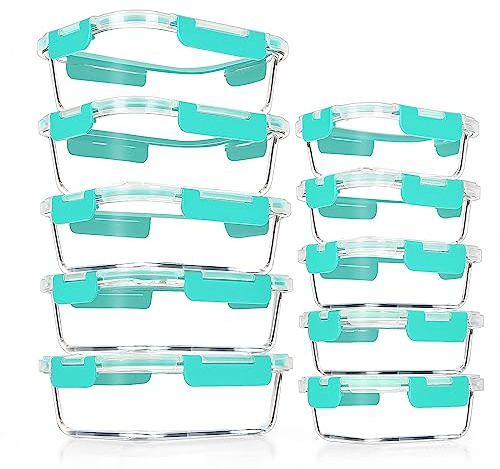 VERONES Glasbehälter für Mahlzeiten, luftdichte Lunch-Behälter, stapelbares Glas-Frischhaltedosen-Set mit Deckel, exklusiv von BPA, für Mikrowelle, Backofen, Gefrierschrank und Spülmaschine, Grün, 10