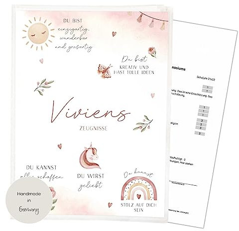 Zeugnismappe für DIN A4 Affirmation | 𝗣𝗘𝗥𝗦𝗢𝗡𝗔𝗟𝗜𝗦𝗜𝗘𝗥𝗧 | 20 Klarsichthüllen für 𝗔𝗨𝗙𝗕𝗘𝗪𝗔𝗛𝗥𝗨𝗡𝗚 und 𝗦𝗖𝗛𝗨𝗧𝗭 von 𝗭𝗘𝗨𝗚𝗡𝗜𝗦𝗦𝗘𝗡 | Schule Mädchen Junge (Einhorn)