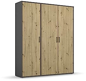 Rauch Möbel Voyager Schrank Kleiderschrank Drehtürenschrank, Eiche Artisan/Grau metallic, Holz, Schwarz, 3-türig, inkl. 1 Kleiderstange, 4 Einlegeböden BxHxT 140x194x53 cm