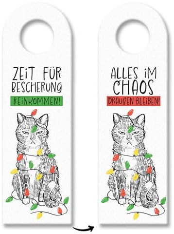 Reinkommen - Draußen Bleiben Bescherung Türhänger mit Katze und Lichterkette Kater Türanhänger Frauen Filz Weihnachten Zeichnung witziger Strichzeichnung Türschild