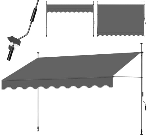 tectake® Klemmmarkise mit Handkurbel, Balkon Markise ohne Bohren, Markise höhenverstellbar, UV-beständig, wasserabweisend, Terrassenüberdachung, Sonnenschutz Terrasse & Balkon, 350 cm - schwarz/grau