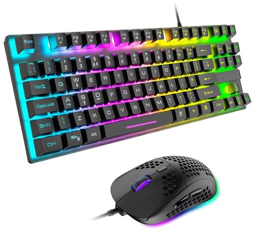 Lancoon Combo de Teclado y Ratón con Cable 88 Teclas Retroiluminado Sensación Mecánica Pequeño Ratón 6 dpi Ajustables Sensor Óptico Panal Hueco para Gamer Oficina (Negro)