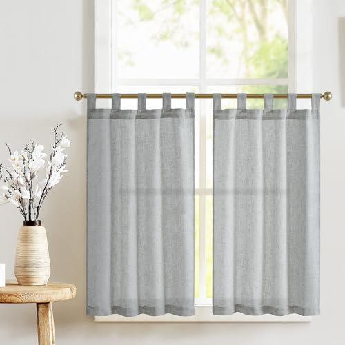 TOPICK Scheibengardinen mit Schlaufen Bistrogardine 2er Set H60xB65 Grau | Blickdicht Küchenvorhänge Leinenoptik Lichtdurchlässig Schrank Kurzgardine Küchfenster landhausstil küchengardine Wohnzimmer