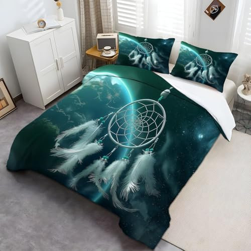 Fantasie-TraumfäNgerDrucken Bettwäsche-Set, GrüN WeißWeiche Flauschige 3 teilig Mikrofaser Bettbezüge Set mit Reißverschluss Enthält 1 Bettbezüge 240 × 220 cm und 2 Kissenbezug 80x80 cm
