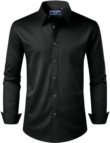 Alimens & Gentle Mens Black Dress Shirt Regular Fit Stretch Stain Shield Long Sleeve Solid Party Wedding Button Down Shirts,Black,X-Large