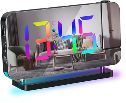 Sonew Projektionswecker, LED Digitaluhren mit 7 RGB 6 Stufen Helligkeitsdimmer und Snooze-Funktion, 12/24 Stunden, 11 Farben, 180 Grad Projektion an Deckenwand (Schwarz)