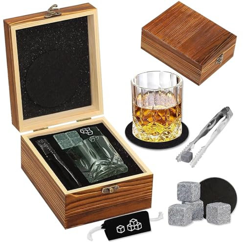 Cnwinu Whisky Gläser Set, Whisky Steine, Whiskey Gläser, Untersetzer, Pinzetten, Holz Box, Wiskeygläser- Set, Whiskey Glas Personalisiert, Männer, Männergeschenke