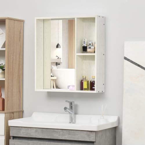 Homcom Badezimmerschrank mit Spiegel, Eckschrank Hängeschrank Badezimmer Regal, mit Regalen, moderner Stil, 63 x 15 x 65 cm, Weiß Badezimmermöbel