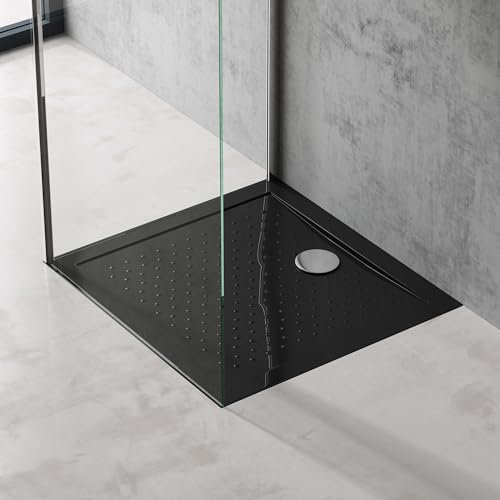 doporro Plato de Ducha Rectangular Antideslizante 70x80x4 cm – Acrílico Negro con Válvula de Desagüe AL01, Conexiones DIN, Instalación a Ras de Suelo – Lucia02