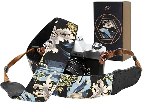 Padwa Lifestyle Blue Wave Kameragurt - 2“ Rindsleder Kopf Baumwolle Kameragurte für Fotografen, Vintage japanischen Kunstdruck verstellbaren Hals & Schultergurt für alle DSLR/SLR-Kameras
