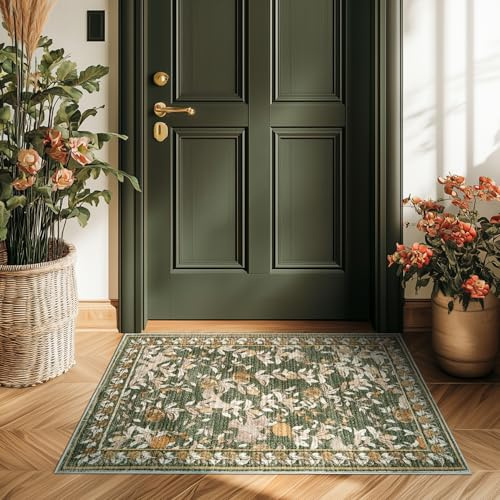 TOPICK Tapis de sol en fleurs lavable à l'intérieur à poils courts rétro vintage orange-vert romantique 60x90cm antibactérien pliable antidérapant pour porte d'entrée cuisine patio couloir chambre à
