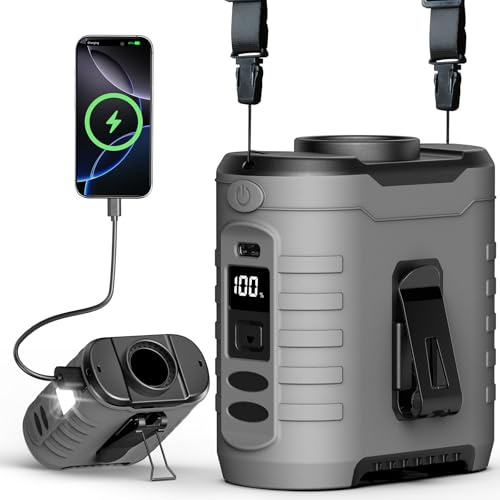 6-in-1 Taillen Clip Ventilator, Ventilator Akku 10000 mAh,5 eschwindigkeitsstufen, 8–40h Laufzeit USB Wiederaufladbar, für Baustelle, Outdoor, Wandern, Arbeiten im Sommer mit COB-Licht & Powerbank