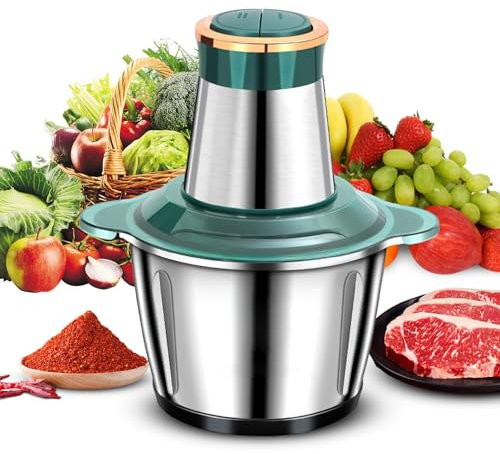 Mini Hachoir Electrique Alimentaire 2L Bol Acier Inoxydable 250W, Hachoir Electrique Cuisine avec 2 Vitesses, Hachoir pour Hacher Viande, Oignons, Légumes et Fruits (Vert)