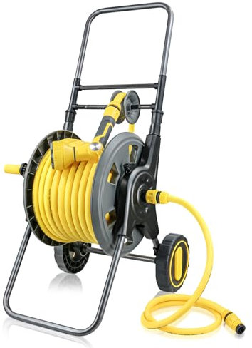 Wurzberge 30m Garden Hose Reel Cart on Wheels, Hose Pipe Reel with Rewind Handle, Includes 30m Rubber Water Pipe and 2m Leader Hose, Spray Gun