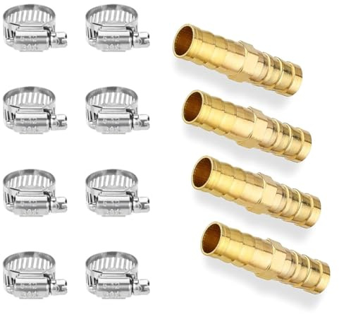 4 Pack 10mm Brass Barb Hose Fitting, Straight 2-Way Hosepipe Connectors Coupler with 8PCS Stainless Steel Pipe Clamps, Ideal for Air Pipe Air Line Fuel Line Water Pipe Connector