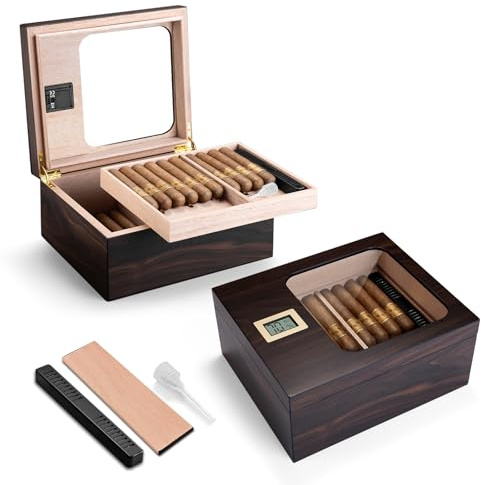 Umidificatore per sigari in legno di cedro, scatola per sigari con igrometro e umidificatore, doppia camera con ripiano per sigari da 45 a 55 sigari, accessorio regalo da uomo (grigio scuro)