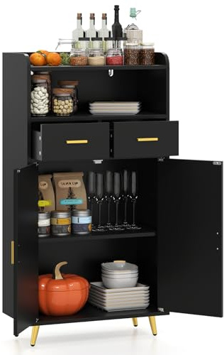 GIANTEX Aufbewahrungsschrank, Sideboard mit Ablage, 2 Schubladen & Doppeltürenschrank, Buffetschrank für Wohnzimmer & Eingangsbereich, Beistellschrank 60 x 30 x 113 cm (Schwarz)