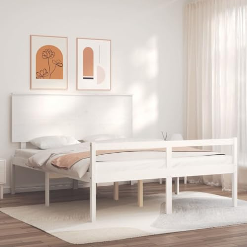 Teenpull Seniorenbett Massivholz Kiefer Weiß, 150x200cm, Kingsize Bettrahmen mit Kopfteil, Hohe Einstiegshöhe, Robustes Plattformbett für Schlafzimmer