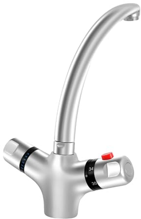 Waschbecken Armatur mit Zweigriff Drehknopf, Thermostatbatterie (20-50°C) Thermostat Spültischarmatur Hochdruckarmatur 360° schwenkbarer Waschbecken Armatur Küchenarmatur Thermostat Mischbatterie