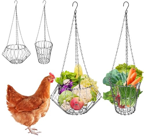 OJTOJT 2 Stück Hühner Gemüse Hängender Futterautomat, Hühner Futternetz, Hängender Huhn Obst Futterautomat mit 4 Ketten für Hühner, Enten
