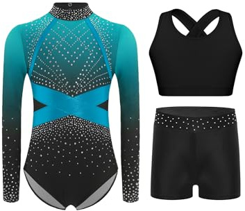 Alvivi Mädchen Turnanzug Glitzer Gymnastikanzug Langarm Ballettanzug mit Shorts Haarband Gymnastik Leotard Wettbewerb Tanzkostüm