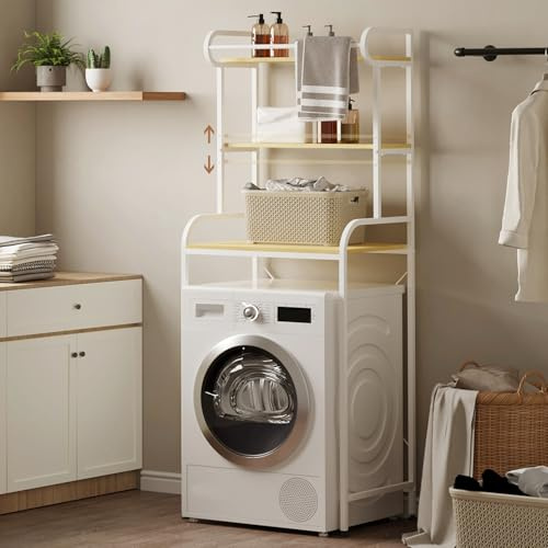 HAUSPROFI Regal Waschmaschine, Regal über Waschmaschin, Waschmaschinenregal mit Kleiderstange, Verstellbare Trennwände und Füße, Abgerundete Ecken, Metall Holzwerkstoff, 70L x 50B x 180H cm (Weiß)
