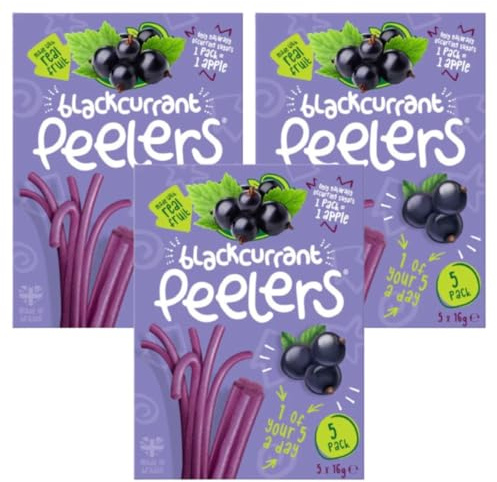 Blackcurrant Peelers Real Fruit Snacks, Gluten Free, No Added Sugar, Made in Britain, Vegetarian, 5 Pack x 16g, Pack Of 3