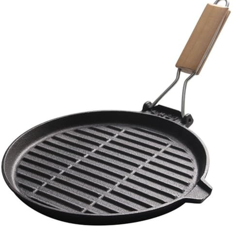 Homeponnew Poêle à steak ronde en fonte nervurée avec poignée en bois pliable et rebord pour jus de fruits pour intérieur et extérieur - Poêle à steak ronde de 24 cm