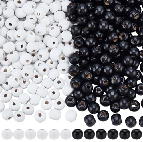 SUNNYCLUE 600 Stück 10mm Halloween Holzperlen Schwarz Weiß Naturholz Rund Lose Abstandshalter Bastelperlen Mit Löchern Großpackung Für Schmuckherstellung Armbänder Halsketten Partydekoration Heimdekor