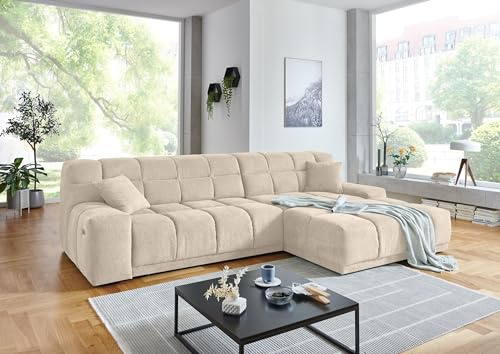 möbelando freiraum Polstergarnitur Lomyl – Premium Ecksofa mit elektrischer Sitztiefenverstellung, 309 cm, Aragon 03 Bezug in Beige, inkl. 2 Kissen & Ottomane