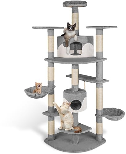 tectake® Katzen Kratzbaum groß, Katzenbaum mit Zubehör und Katzenspielzeug, XXL Katzenkratzbaum mit 2X Katzenhaus, Spielturm mit Kratzsäule, Kratzstamm aus Sisal - grau/weiß