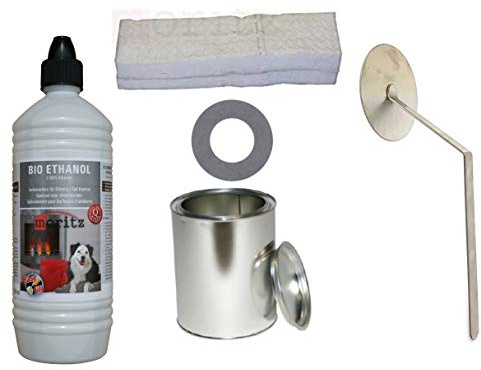 Moritz Kit de démarrage 1 x 1000 ml de bioéthanol + 1 x boîte en tôle de 250 ml avec couvercle + 1 x ouattelaine céramique + 1 x tueur de flamme + plaque économique pour brûleur de cheminée, four,