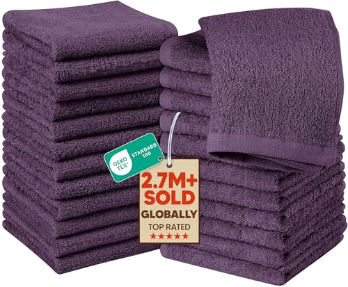 Utopia Towels 24 Pack Cotton Washcloths Set, 100% Ring Spun Cotton, Premium Quality Flannel Face Cloths, Highly Absorbent and Soft Feel Fingertip Towels, Plum