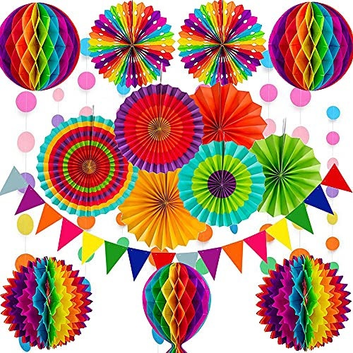 Ensemble de décoration de fête multicolore, éventails en papier de couleur arc-en-ciel, bannière en papier nid d'abeille, ficelle à pois pour anniversaire, mariage, décoration de fête fiesta