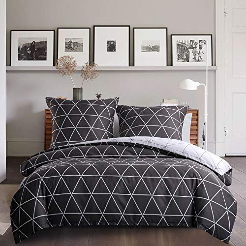 Luofanfei Bettwäsche Grau Weiß 200X220cm Dreiecke Wendebettwäsche King Size Graue Weiße Streifen Kariert Geometrisches Muster Bettbezug Set Microfaser 3 Teilig Bettwaesche mit Reißverschluss