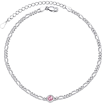 PROSILVER Geburtsstein Oktober Fußkettchen für Damen 925 Sterling Silber 22+5cm/3mm Figarokette Fußkettchen mit Zirkonia Sommer Urlaub Knöchelarmband Schmuck Accessoire