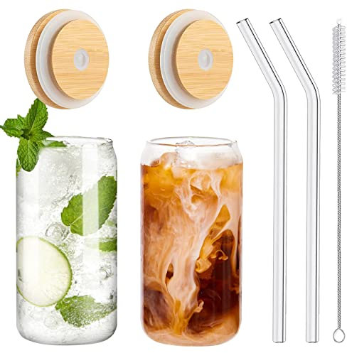 WISIMMALL Trinkgläser mit Bambusdeckel und Glasstrohhalm, 2-teiliges Set, 473 ml, dosenförmige Glasbecher mit Deckel und Strohhalmen, Biergläser, Eiskaffeegläser, Limonade, Geschenk, 1