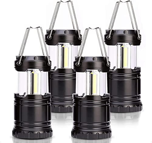 Lot de 4 lampes de camping LED COB portables, alimentées par piles, lampe de camping d'urgence avec crochet pliable, lampes étanches pour ouragan, urgence, tempête, pannes, famille, abri de jardin