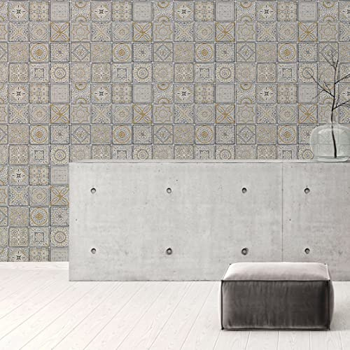 Kakeltapet guld vit svart – A.S. Création Terra Aktion 389212 – fibertapet vintage kakel – 10,05 m x 0,53 m Made in Germany
