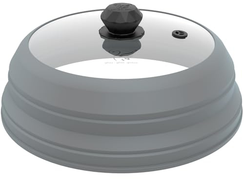 Microwave Splatter Cover Vented Glass Cover Splatter Guard Lid with Collapsible Silicone for Food as Pot Cover Plate Cover 10.8 inch for 6 7 8 9 10 inch Plate Bowl Light Grey