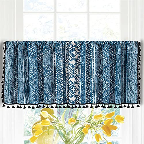Surwin Scheibengardine Bistrogardine mit Stangendurchzug Bohemian Stickerei Kurzstores Gardinen Küchenvorhang Scheibengardinen für Küche Wohnzimmer Schlafzimmer Café Bistro (60x150cm,Blaues Totem)