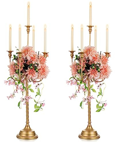 NUPTIO Kandelaber Kerzenständer 5 Armig Gold - 94cm Kerzenhalter Satz von 2 Kerzen Ständer Halter hoch, Gold Metall Kandelaber Retro für Home Hochzeit Weihnachten Halloween Geburtstag Jahrestag