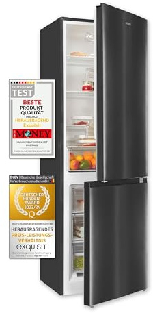 Exquisit Kühl-Gefrierkombination 315 L, Klasse C, Edelstahloptik | Freistehend, 185,8 x 60 cm, 149 kWh/Jahr, 40 dB, wechselbarer Türanschlag, LED, 2 Gefrierschubladen