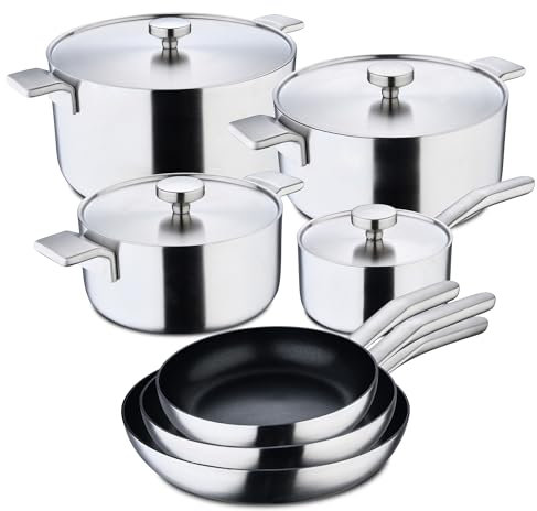 MasterPRO Alessi - Set mit 4 Pfannen von 20, 24 und 28cm und 4 Deckeln von 16, 20, 24 und 28cm - Aus Edelstahl - Ergonomischer Griff - Mit Induktionsboden - Leicht zu reinigen