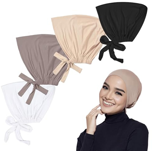 Tomtary 4Pcs Hijab Undercap Breathable Modal Elastic Head Wraps for Women Adjustable Tie Back Solid Color Hijab Cap Soft Hijab Turban for Girls Makeup Sleep Shopping
