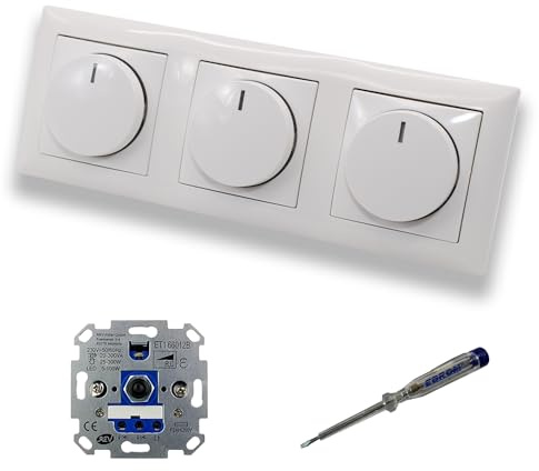 REV Ritter (3 Stück) LED Drehdimmer Dimmer + Busch Jäger Dimmerscheiben 2115-914 in BalanceSi alpinweiß glänzend im 3-fach Rahmen inkl. EBROM Phasenprüfer zur Montage der Geräte ET1 66012B