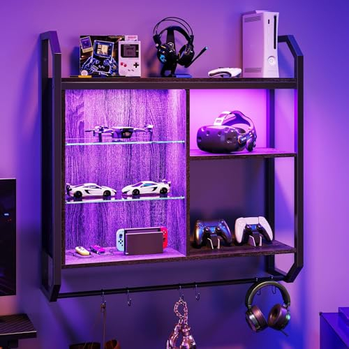 Bestier Gaming schwebende Regale, 84cm LED Wandregal mit verstellbarem Glasboden, Rohrregale hängende Display Regal Bücherregal mit 6 S-Haken, Gaming Zimmer Dekoration Wein Kaffee Bar, Schwarz